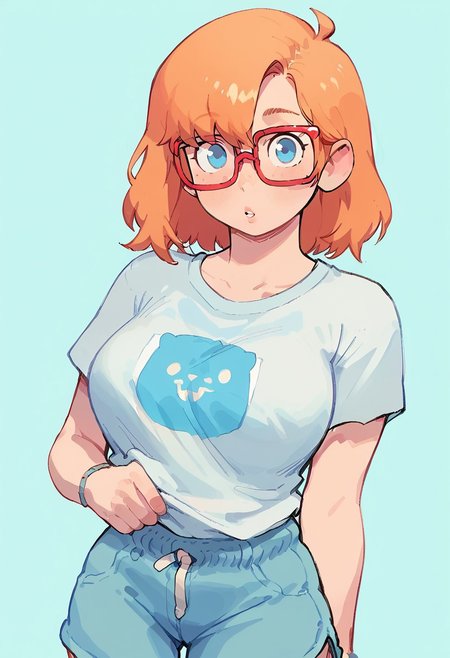 score_9, score_8_up, score_7_up, score_6_up, source_cartoon, 1girl, solo, 
 sexy hips, shiny skin, 
ritacolo, thin  glasses, short orange hair, blue eyes, light freckles, pudgy, huge breasts, loose light blue t-shirt, shorts, looking at viewer, furrowed brow, parted lips
 upper body, close up, blank background