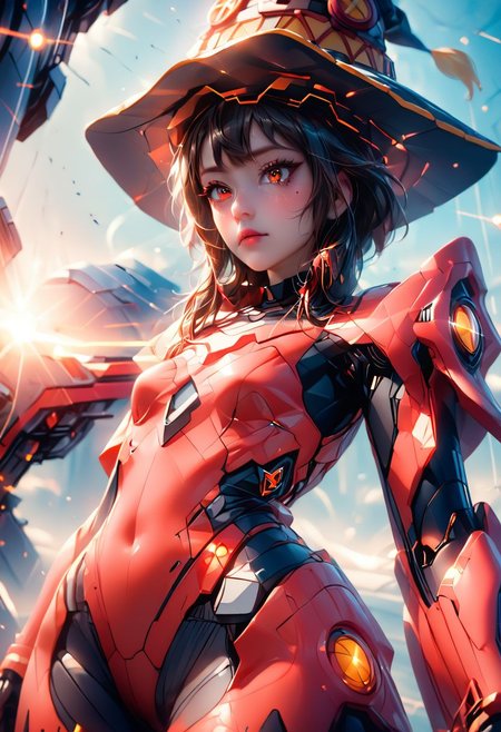 score_9, score_8_up, score_7_up, ((masterpiece)), ((best quality)), 8k, high detailed, ultra-detailed, (((anime))),toon, 1girl, perfect eyes,cinematic ,skin multicolor, lights, 
BREAK,
ultra-detailed, (((Megumin))), witch futuristic hat, 1girl, (((mecha suit red color))), mecha musume, headgear, armor,((Mecha red armor)), menpo, upper body, underboob, portrait, black red armor, colorful, (medium wide shot), (dynamic perspective), sharp focus, (depth of field, bokeh:1.3), extremely detailed eyes and face, beautiful detailed eyes, black gold, trimmed gear, 
((a massive mecha in a fierce battle with giant monsters in outer space, explosions, laser beams, debris, stars, galaxies, dark space background, dynamic action scene, bright flashes of light, intense energy, futuristic technology, epic scale, vivid colors))