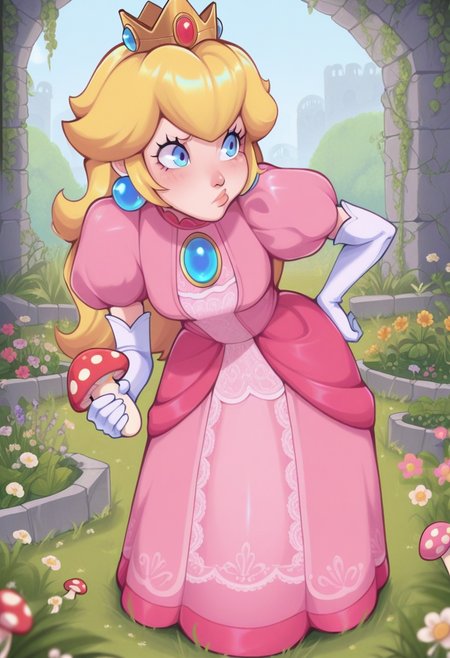 tozierstyle, masterpiece,  best quality, solo, princess peach, pink dress, small blue eyes,  crown, leaning forward, hand on hip, pouting, holding a mushroom, garden, grass, flora, flowers, ruins, cobble,