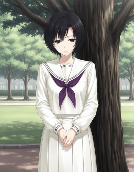 1girl, solo, tokisaka yukari, black hair, short hair, black eyes, light smile, school uniform, white serafuku, long sleeves, purple neckerchief, white skirt, long skirt, pleated skirt, standing, hands together, arms down, cowboy shot, outdoors, park, bottom of tree, <lora:tokisaka_yukari_ilxl_v1:0.7>