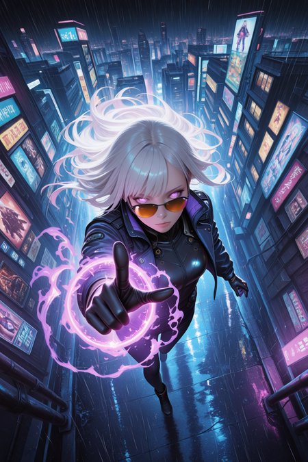 lazypos, 1girl, expressionless, sunglasses, white hair, black gloves, jacket, pointing at viewer, dutch angle, from above, casting spell, purple magic, glowing eyes, close-up, , photorealistic, close-up, poster \(medium\), dutch angle, from above, (wide shot), cyberpunk, neon, dark background, rain, close-up, dutch angle, city, (colorful), from above, dynamic pose, ((wide shot)), \(medium\) <lora:TrendCraft_The_Peoples_Style_Detailer-v1.0A-3_13_2025-illustrious:0.2>