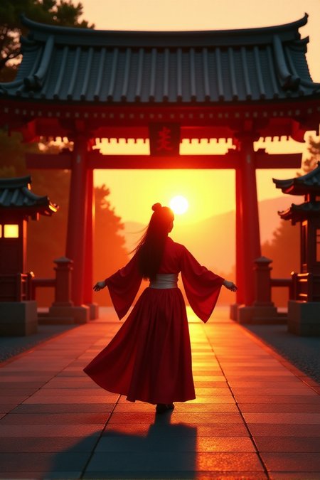 A Japanese Shinto shrine maiden performs a prayer dance in front of a shrine illuminated by the sunset.
FHD, Rich in details, masterpiece.âââ