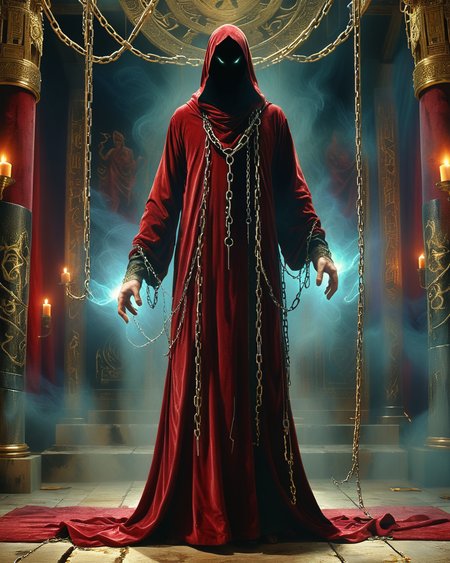 hooded human sorcerer standing on a raised dais, evil temple, velvet robe, chains hanging from the ceiling, volumetric lighting, intense colors, <lora:add-detail-xl:1.0>,  <lora:xl_more_art-full_v1:0.4>,   <lora:XSfenlie:1> fenliexl,  <lora:lora:1>, realistic photo