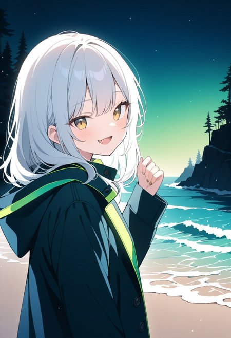 ((best quality, 4k)), (w0gf1l, made of tiny neon glass filaments,, illustration, 1girl, white hair, golden eyes, fang, shark teeth, smile, winter coat,  (green light), wet, waves, beach, snow, neon, glass, trees, forest, houses)