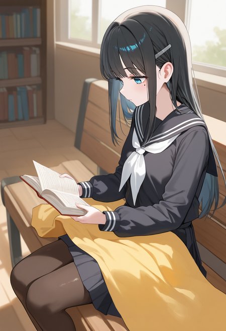 1girl,solo,<lora:HBSrinil:0.9>,shimotsuki_rin,blue eyes,black hair,long hair,mole under eye,hair ornament,hairclip,school uniform,long sleeves,black serafuku,skirt,pantyhose,white neckerchief,cowboy_shot,day,library,bench,sitting,reading,open_book,holding_book,yellow blanket,covering_with_blanket,masterpiece,best quality,good quality,newest,incredibly absurdres,