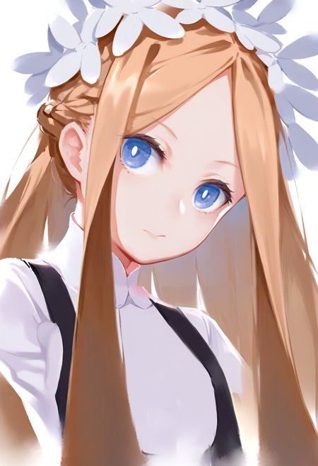 1girl, blue eyes, solo, abigail williams \(fate\), blonde hair, long hair, bangs, white background, looking at viewer, official alternate costume, sidelocks, parted bangs, simple background, braid, hair ornament, upper body, closed mouth, forehead, white shirt, butterfly hair ornament, maid headdress, shirt <lora:solaXL_NBVP1_lokr_V6311P:0.95>