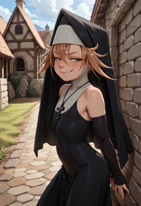 masterpiece, best quality, 32k, high resolution, absurdres 
1girl, solo, toddy, brown hair, green eyes
habit, nun , nun dress, elbow gloves, cross necklace,
dynamic pose, standing behind stone wall, blushing, teasing,
outdoors, stone wall, countryside, small village church in the background, day, cloudy day
light particles, dynamic angle,  cinematic angle, various angles, detailed background, beautiful background, (rays light:1.0),(grow:1.0) vivid colors, shiny and glossy, anime style, high-res, beautiful aesthetic, very intricate, high-quality details, vibrant, 
<lora:add-detail-xl:1.10> <lora:spo_sdxl_10ep_4k-data_lora_webui:0.95> <lora:noobai_ep11_stabilizer_v0.138_fp16:0.6> <lora:StS-Illustrious-Detail-Slider-v1.0:1.10> <lora:cfg_scale_boost:0.95> <lora:nyalia:0.20>   <lora:theodosia_illustrious:0.8>