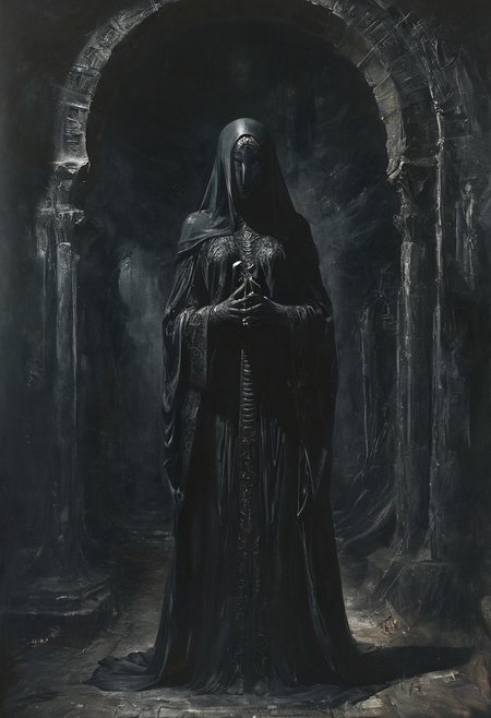 Picture of a woman. 27. She's Albanian and her name is Elfira.
Wearing a black ceremonial robe. Kind smile. Dark forest. Moonlit.
style of H. R. Giger, partially covered in shadow