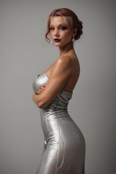 score_9, score_8_up, score_7_up, futuristic sci fi fashion photography by Marko Djurdjevic, voluptuous mature spy 35 year old, tan skin, ruby hair, alien, striped, chrome dress, biomechanical, looking at viewer arms crossed behind back, undressing, beautiful boobs, realism
