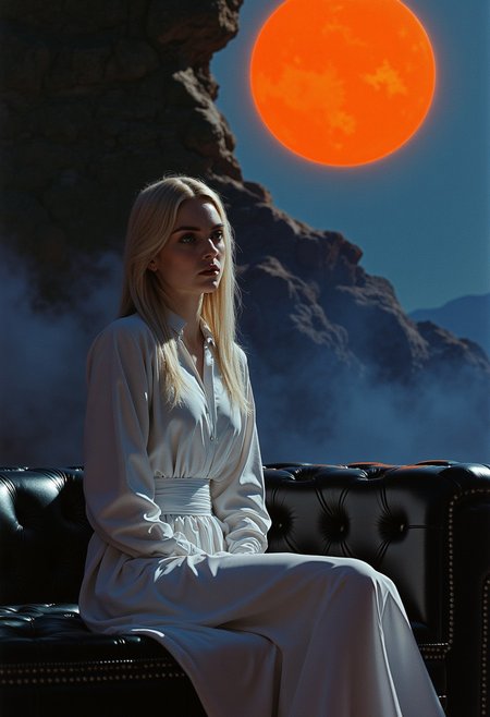 in the style of cksc, Frank Frazetta
dark fantasy aesthetic. , digital artwork of a futuristic, natural colors, , epic.  luminescence, ultra realistic, hyper detailed, soft lighting ,  epic scale.
(detailed digital painting, detailed oil painting).
Close view, three-quarter portrait. Black leather sofa. A woman is sitting. White blouse, White skirt, high thin stockings, fully clothed, blouse under the neck. Blonde hair. Feminine figure, wide hips. He's looking at us... swfx swfx .. . 
mythp0rt, nigiex. wost0y4
.. mythp0rt, 
The background is  gradient of shadowy blue tones, amplifying the ethereal and futuristic ambiance of the scene. The overall composition feels cinematic, blending high fashion with a science fiction aesthetic. . Exquisite cyberpunk. retroFuturism.
bright orange sphere on the background