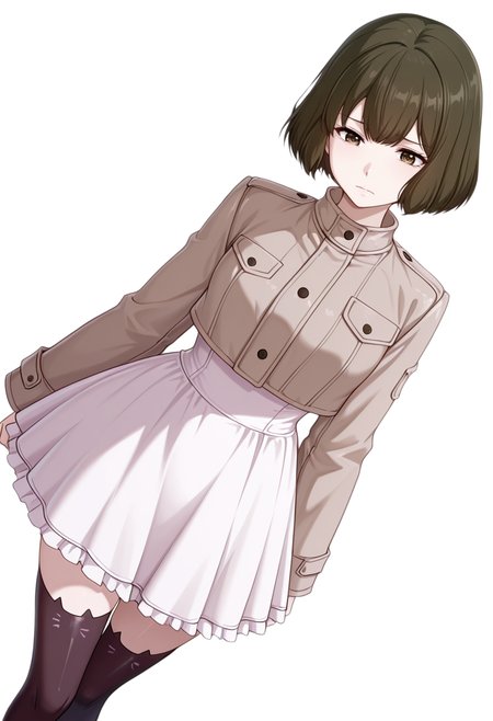 masterpiece,high quality details, absurdres,
 <lora:Akira_Dojima_V2:0.8> akira_cnr,1girl, brown hair, short hair, bob cut, bangs,brown eyes,, simple background, white background, dynamic angle,solo,, pain,sad,, long coat ,cropped jacket ,ruffled skirt, ,bat legwear,