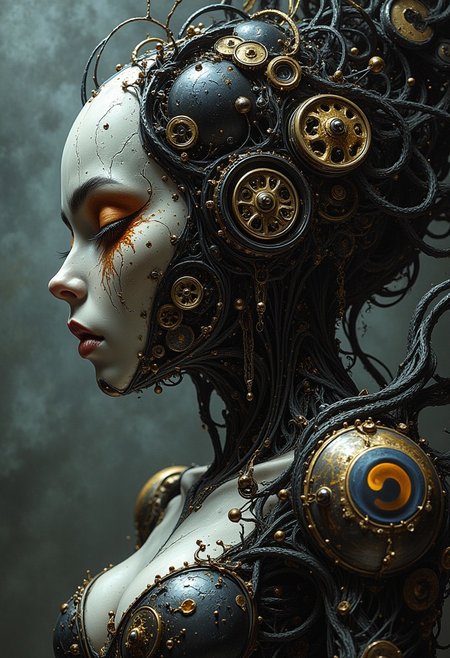 masterpiece, high detail, ArsMJStyle, dnddarkestfantasy, masterpiece, stunning oriental robot woman, made of clockwork cogs, wires and cables, abstract, fractal art. highest definition, HD32K, wallpaper, hyperdetailed, concept art, extreme closeup, side profile