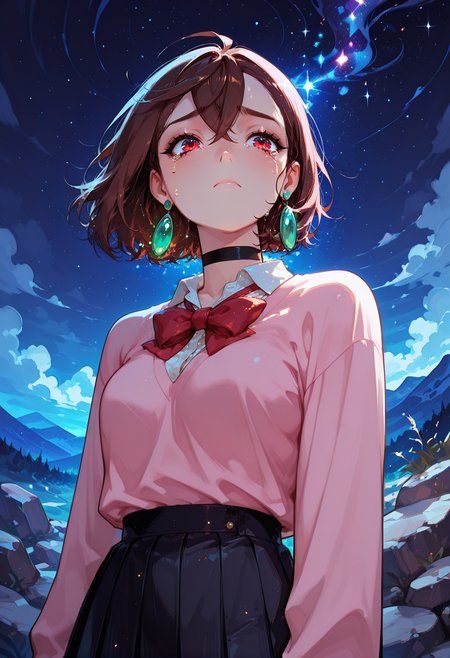 score_9, score_8_up, score_7_up, masterpiece, best quality, very aesthetic, detailed face, (dynamic:1.2), stylized, illustration, dynamic pose, ayasemomo, hair between eyes, crossed bangs, green earrings,  brown hair, red eyes, black choker, short hair, white shirt, red bowtie, pleated skirt, school uniform, pink cardigan, long sleeves, ayasemomo, hair between eyes, crossed bangs, green earrings, brown hair, red eyes, black choker, short hair, (mountaintop, wind, sky, clouds, rocks, nightsky, chill:1.1), (sad, teary, slumped, quiet:1.2),  <lora:ck-shadow-circuit-IL:0.5> in the style of cksc <lora:incoth:0.5> incoth, (incase:0.5) <lora:TrendCraft_The_Peoples_Style_Detailer-v2.3I-4_16_2025-Illustrious_1571400:0.3> <lora:Smooth_Booster_v3_1685428:0.2>âââ <lora:perspective:0.2>  <lora:WeaponSpellBindIL:0.3> teal magic, spell bind <lora:9_EnchantingEyes:0.8> Enchanting Eyes <lora:ayase_momo-koto-Illustrious v01:0.7>  <lora:GhostlyWhiteILL:0.3> gw, glowing, night, night sky <lora:MomoSweetSpaceILL:0.2> momosp, galaxy