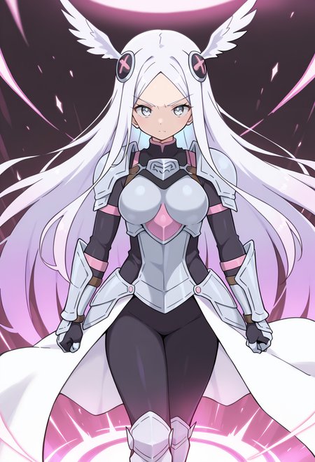 masterpiece, best quality, high quality, anime, solo,  <lora:Bubukka_IllXL:1>, serious, 1girl, white eyes, white hair, very long hair, parted hair, parted bangs, gradient hair, lilac hair, medium breasts, wing hair ornament, valkyrie, black bodysuit, armor, gauntlets, greaves, pink breastplate, grey armored skirt, armored dress, pink hues,