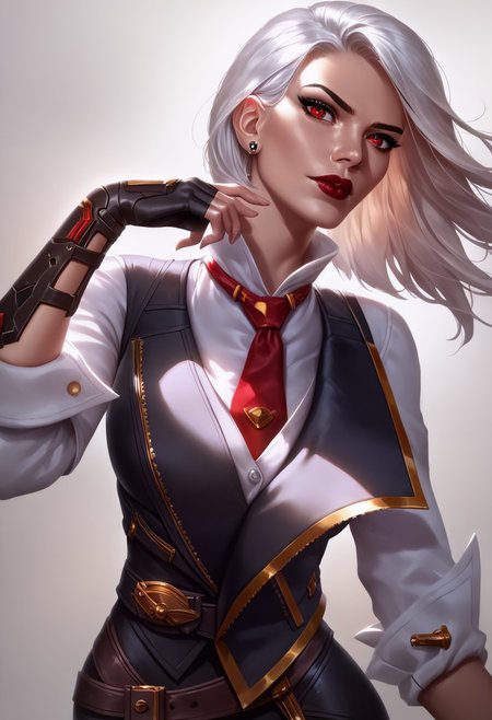 8k resolution, core_9, score_8_up, score_7_up, large angle, wide angle, photorealism, photorealistic, shiny skin: 0.5, ruanyi0481, 
BREAKs sexy woman, tall woman, beautiful breasts, big breasts, beautiful eyes, beautiful face, beautiful body, beautiful legs, beatiful eyes, beatiful detailed eyes, dark-red eyes!, <Ashe:1>
makeup, lipstick, see thru nipples
necktie, white shirt, jewelry, earrings, black vest, fingerless gloves, black pants, belt, boots,