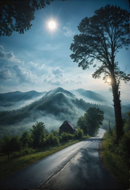 Almost heaven, West Virginia
Blue Ridge Mountains, Shenandoah River
Life is old there, older than the trees
Younger than the mountains, growing like a breeze
Country roads, take me home
To the place I belong
West Virginia, mountain mama
Take me home, country roads
All my memories gather 'round her
Miner's lady, stranger to blue water
Dark and dusty, painted on the sky
Misty taste of moonshine, teardrop in my eye
Country roads, take me home
To the place I belong
West Virginia, mountain mama
Take me home, country roads, highly detailed and hyper realistic photo, by Alena Aenami , by Archibald Thorburn , by Daniele Afferni , in the style of  monochromatic silhouette reflection,  limited dark palette, unusual dark colors, faded colors, atmospheric haze, highly dramatic cinematic lighting, motion blur, film grain,  professional, excellent composition, finest details, maximized details, ultimate detail level, masterpiece, best quality
  pureerosface_v1,  
  civit_nsfw,  
 <lora:xl_more_art-full_v1:0.75>,  
 <lora:carcosa city:1>,  
 <lora:extremely_detailed:0.4>,  
 <lora:- SDXL - otclillsn_impossible_geo_V1.0:0.6>,  
 <lora:ral-ertmsphr-sdxl:0.3>,