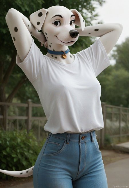 score_9, score_8_up, score_7_up, score_6_up, score_5_up, score_4_up, solo, perdita101, anthro, dalmatian, shirt, jeans, looking at viewer, exterior, 3d, furry, hands behind head,