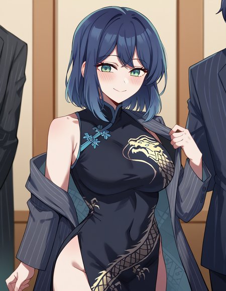 score_9, score_8_up, score_7_up, source_anime, <lora:akane-kurokawa-s1-ponyxl-lora-nochekaiser:1>, akane kurokawa, bangs, green eyes, blue hair, medium hair, dark blue hair, large breasts, <lora:blue-archive-kisaki-cosplay-ponyxl-lora-nochekaiser:1>, blue archive kisaki cosplay, kisaki (blue archive) (cosplay), dragon print, china dress, print dress, chinese clothes, pinstripe jacket, sleeveless turtleneck dress, cosplay, vertical-striped jacket, pinstripe pattern, pelvic curtain, striped coat, grey coat, black dress, sleeveless dress,, indoors, from side, blush, smile,, cowboy shot, looking at viewer