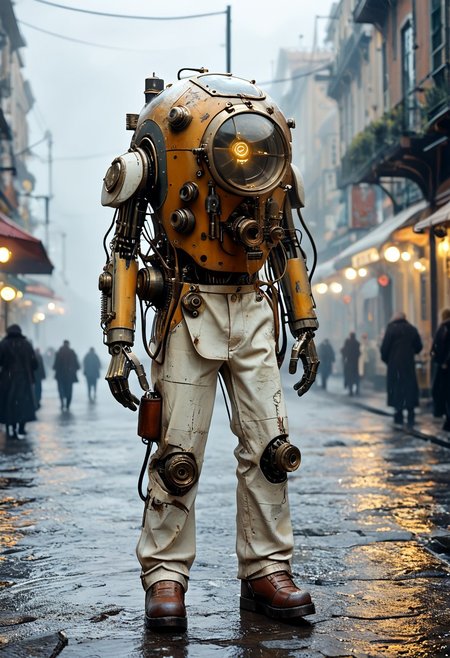 score_9, score_8_up, score_7_up, score_6_up,Dense fog permeates the air, rain, wet streets, puddles, dreary grim shades, dark colors, faded greens and faded blues, retrograde steampunk wired-cyborg reconstructed from spare parts, intricate mechanical parts and wires, robotic arms, spider-tank legs, 6 legs, mismatched legs, thick cable plugged into back of head | high-contrast palette, highly detailed, cinematic quality, modern art, timeless feeling