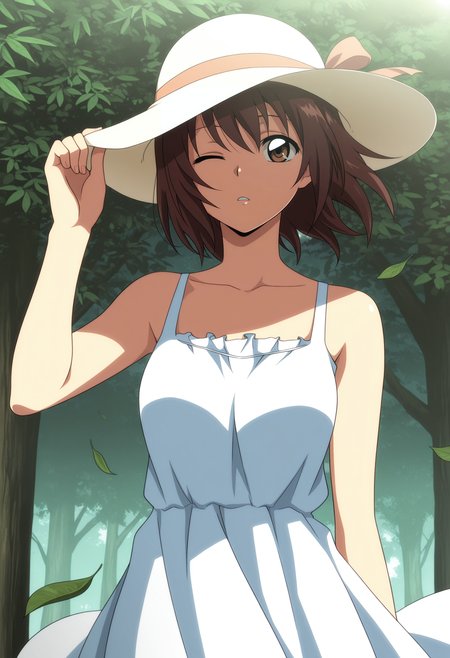1girl,solo,mm,aged up,short hair,brown hair,brown eyes,anime coloring,
sundress, sun hat,wind,hand on headwear, one eye closed,parted lips, light frown, leaf,nature, tree,outdoors,
,masterpiece,best quality,amazing quality,<lora:Kana_Ienaga-Nurarihyon_no_Mago:0.9>