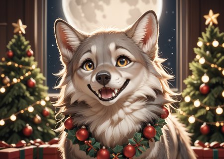 score_9, score_8_up, score_7_up, score_6_up, score_5_up, score_4_up, detailed, realistic, illustration, 8k, wolf howling at a full moon with a christmas wreath around its neck (cute furry feral:1.2), source_furry <lora:Animal_Christmas:0.8> animal christmas
