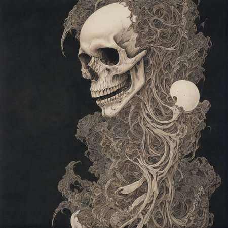 (best quality, masterpiece, highest detailed), ultra detailed, beautiful and aesthetic, (photorealistic:1.4), skull screaming, what nightmares are made of,  in the style of takato yamamoto, skull has worms fallng from it,  grotesque, (intricate eyeball pattern background:1) , <lora:takma2:1.2>