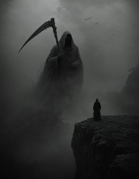 A lone figure stands on the edge of a cliff, enveloped in thick mist, towering above them is a colossal hooded reaper, clutching an ancient ornate scythe, The reaper's presence is eerie, fog obscures its features, an ethereal ghostly appearance, Birds circle in the distant, foggy sky, isolation and impending doom, The scene is steeped in dark, atmospheric tension, haunting confrontation between the small solitary human and the immense spectral figure, <lora:- SDXL - vanta-black_contrast_V3.0:1>