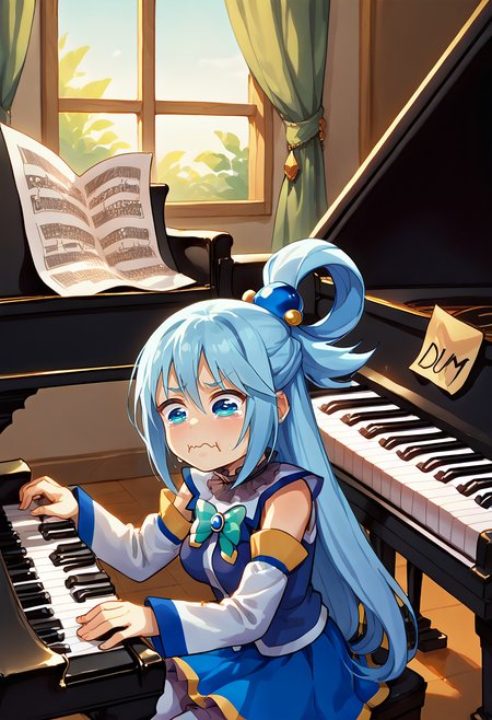 score_9, score_8_up, score_7_up, source_anime, 1girl, <lora:grandpiano-concept-richy-v1_pdxl:1>, grand piano, sitting, playing instrument, playing piano, <lora:DumStickyNote_XLPD:1.1> dumstickyNote, sticker, english text,  <lora:concept_aquacrying_ponyXL:0.85> aquacrying, wavy mouth, closed mouth, tearing up, aqua \(konosuba\),