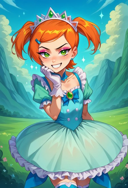 score_9, score_8_up, score_7_up, source_anime , 1girl, gwen tennyson (/Ben10)/, bright orange hair, short hair, (green eyes), girly twintails, masterpiece, best quality, absurdres, (pastel theme) magical girl, blue latex frilly bell skirt, magical girl dress, madoka dress, pastel colors, kawaii, frilled skirt, thighhighs, puffy dress, puffy short sleeves, gloves, tiara hairband, gem brooch, bow, ribbons, lace trim, frills, frilled fabric, sparkles, glitter,
lipstick, long eyelashes, eyeshadow, eyeliner, mascara, makeup,  
outdoors, nature, clouds, heart earrings, heart accessories, jewelry, frilled boots, solo, cowboy shot, dynamic magical girl pose, v, grin, hand on own cheek