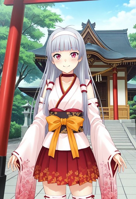 score_9,score_8_up,score_7_up,source_anime,5_figner,2d_animation,game cg,BREAK,1girl,solo,
Asahi,blunt bangs,red eyes,long hair,white hairband,grey hair,blunt bangs,detached sleeves,japanese clothes,ribbon,kimono,sash,obi,floral print,ribbon trim,ribbon-trimmed legwear,skirt,choker,ribbon trim,
small breasts,blush,smile,
cowboy shot,looking at viewer,front view,
shrine,torri,tree,sky,outdoor,
masterpiece,best qualit,ultra-detailed,illustration,an extremely delicate and beautiful,beautiful detailed eyes,unity 8k wallpaper,high resolution,anime CG,official_art,