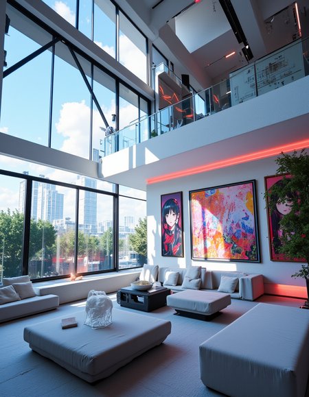 <lora:CWWalls1fluxb:1> wabkg, realistic world, photo. In the vast living room of a geometric futuristic sci-fi design house with minimalistic style, angular shapes, reflective glass surfaces, diagonal beams, industrial aesthetic, there is are colorful paintings of japanese animation women. Portrait. Day with blue sky and white clouds. From low angle. From side. Vegetation. Fabric sofa. Neons.