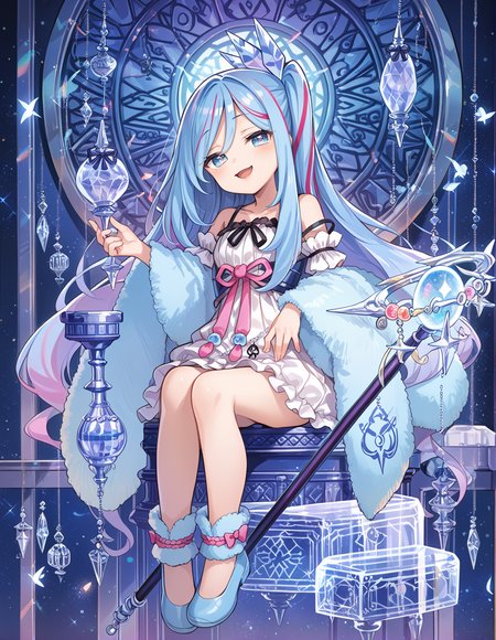 (score_9:0.9),score_8_up,score_7_up,rating_safe,anime style,(zPDXL),(zPDXL3),
<lora:Witchcrafter Madame Verre ponyXL v1:0.72>,witchcrafter madame verre,1girl,solo,looking at viewer,smile,open mouth,full body,blush,white sleeveless dress,floating,white detached sleeves,crystal hair ornament,smug,fur trim boa,one side up,blue shoes,crystal lamp,indoors,white ankle cuffs,head tilt,magic circle,crystal furniture,official art,blue theme,sitting,staff
