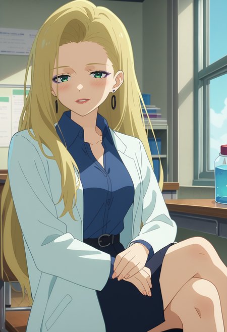 score_9, score_8_up, score_7_up, anime screencap, source_anime, 1girl, solo,
<lora:Sayo_Konuki_Makeine_V2:.85>, KJOsayo, long hair, blonde hair, green eyes, mole under mouth, purple eyeliner,
lab coat, blue collared shirt, miniskirt, long sleeves,
sitting, crossed legs, hand between legs, head tilt, parted lips, seductive smile, blush, looking at viewer,
School, infirmary, window, sunny,
(Beautiful, medium Breasts:1.2),