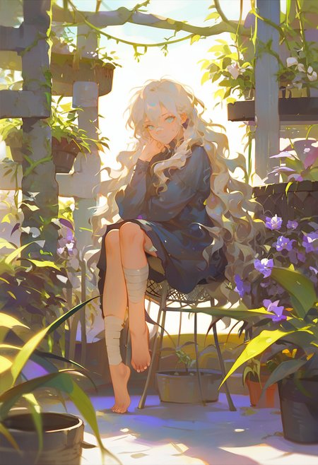 score_9, score_8_up, score_7_up, score_6_up, <lora:rei_XLP6_lokr_V4312:0.95>  1girl, plant, long hair, solo, sitting, flower, barefoot, white hair, looking at viewer, chair, bandages, bandaged leg, wavy hair, hair between eyes, potted plant, long sleeves, blue eyes, dress, closed mouth, very long hair, white flower, intravenous drip, vines, purple flower, bandaid on leg