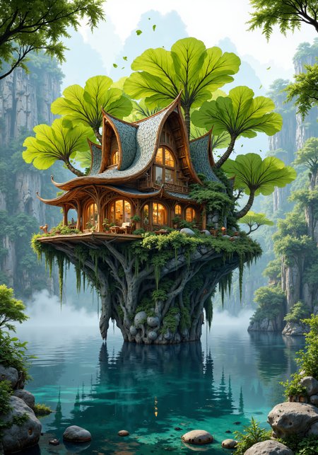 A fantastical house nestled atop a colossal ancient ginkgo leaf, floating effortlessly on a crystalline lake. Intricate organic architecture melds golden lattice windows with natural wood textures, creating a harmonious fusion of elegant masonry and nature's curves. Vivid emerald foliage encircles the leaf, while soft ambient mist and glistening water enhance the ethereal, dreamlike atmosphere. Surreal spatial dynamics and radiant sunlight highlight delicate shadows and luminous reflections, capturing 8k masterpiece-level detail and textured vibrancy. A mesmerizing interplay of warm golds, cool blues, and rich greens evoke a serene, magical ambiance, where innovative design meets nature in a seamless, otherworldly union. <lora:FluxMythP0rtr4itStyle:0.4> <lora:flux_semifluid_pigments:0.3> <lora:openart_Surreal_Anime_III_20250104_025344:0.2> <lora:zyd232_Ink_Style_Flux1D_v1_1:0.5> <lora:flux_dev:1>
