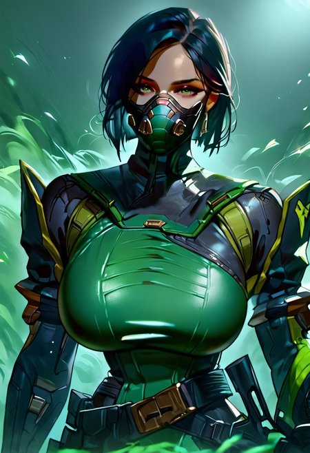 score_9, score_8_up, score_7_up, score_6_up, score_5_up, score_4_up, masterpiece, perfect face, perfect eyes, sexy girl, Viper, 1girl, valVipr, bob cut, green eyes, black hair, mature female, gas mask, green and black bodysuit, black gloves, belt, thigh boots, sexy pose, seductive, (large breasts:1.3), thick thighs, ho1ding-weap0n, 1girl, holding rifle, green gas background, 
front view, female focus, looking at viewer,