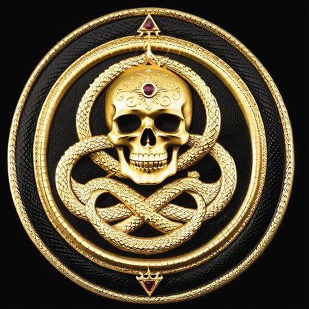 Black and gold medallion featuring a skull and crossbones symbol in the center of the medallion, skull_graphics,  a golden ouroboros on the outer edge of the medallion. the boarder around the medallion is a snake eating its tail, intricate engraved black background, very detailed, high resolution. Rubies are used for the skull eyes. A green emerald is used for the snake’s eye.