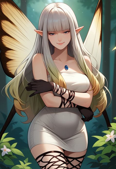 score_9, score_8_up, score_7_up, source_anime, 1girl, solo, cowboy shot, arms under breasts, looking at viewer, smug, smirk, mature female, wide hips, BREAK <lora:AiryBD-pdxl:1> airyBD, long hair, blunt bangs, gradient hair, pointy ears, white dress, short dress, strapless, fairy wings, black gloves, fishnet gloves, fishnet thighhighs, outdoors, forest