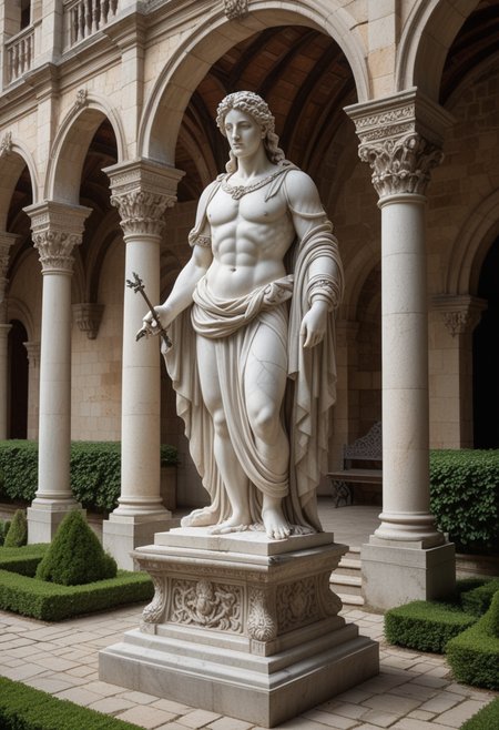 (medium full shot) of (grand marble statue) ,  , with chainmail,   located in  a mystical castle, with hidden chambers, ancient artifacts, serene gardens, tranquil courtyards, rustic benches , Masterpiece,best quality, photo, realistic, very aesthetic,
