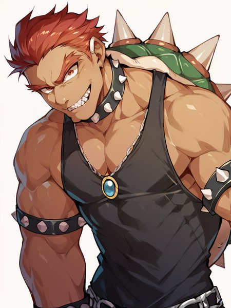 score_9, score_8_up, score_7_up, score_6_up, score_5_up,   <lora:bowserXLP:1> bowser, spikes, 1boy, solo, red hair, muscular, human, tan, black tank top