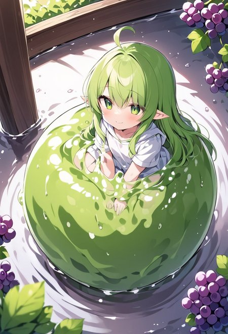 (masterpiece), (score_9, score_8_up, score_7_up,source_anime), 4K8K, best quality, high res image, illustration, Uncorrected, CG, 
(girl view from above. look-doen angle:1.3), from behind, 
1 elf woman sitting on a giant white grape slime, pretty white slime, (lot of white grape cubes around woman), (hair over breasts, long hair, hair censor:1.4), twinkle grape cube, 
slime, slime like a white grape, white grape slime, see-through slime, 
BREAK
small breasts, elf ears, 
(gradient hair, green hair, very long hair, Bangs covered eyes, ahoge, hair over breasts, hair censor), 
(hair blind eyes, half opened eyes, jitome, smile), 
wearing hooded robe, linen dress, culottes, denim short culottes, 
in orchard, fruit orchard, fruits trees,