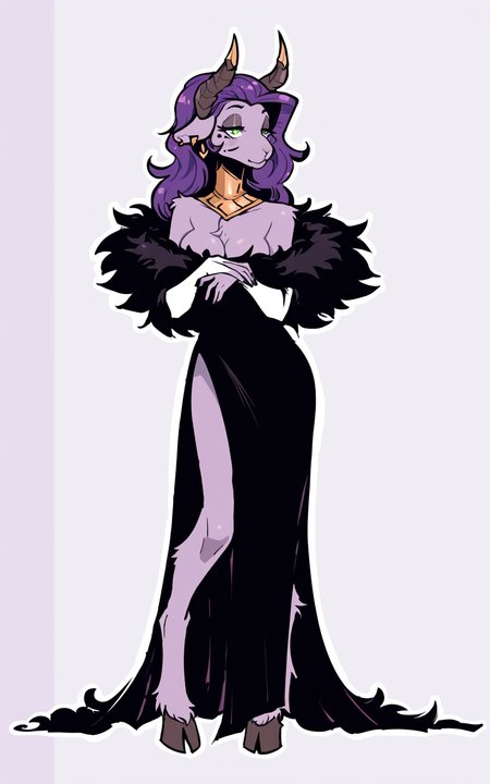 score_9, score_8_up, score_7_up,((best quality)), absurdres, ((full body)), <lora:BolivanteStyle:0.8>,   <lora:RhokzanPXL:0.9>,RhokzanPXL,long hair, breasts, dress, animal ears, cleavage, jewelry,  green eyes, purple hair, earrings, horns,black dress, mole under eye, half-closed eyes, bridal gauntlets, furry, furry female, body fur, snout,side slit, hooves, white background,fur trim,slim,purple skin, standing
