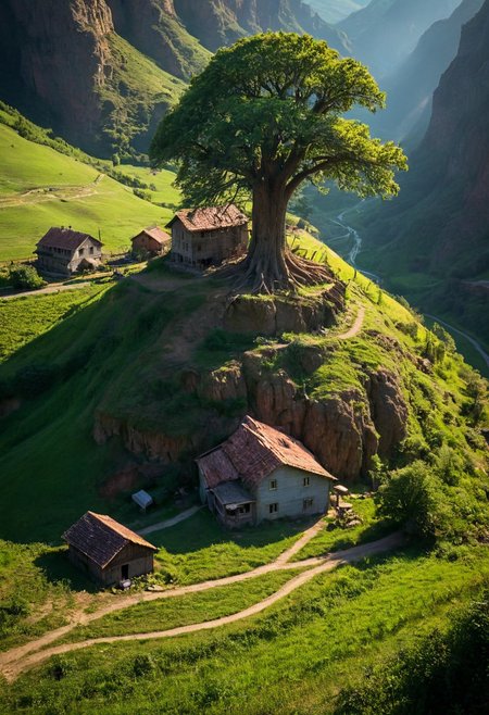ultra HD, high quality, 4K, score_9, score_8_up, score_7_up, photo, extremely detailed, 8k, high quality, Source_photo, real photo, sharp, highly detailed and hyper realistic,masterpiece, masterpiece, best quality, vivid colors, high quality, RAW photo, masterpiece, best quality, 4k, giant tree planted from deep canyon surrounded green field and farm houses, light, blue sky, epic, cinematic colors, good rays, , detailmaximizer, midjourneyv6.1,