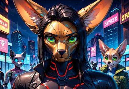 score_9, score_8_up, score_7_up, score_6_up, photorealistic, epiCPhotoGasm-colorfulPhoto, Realistic, highres, super high resolution, 8k, photo, furry, Furry, anthro, fur, male, fennec, brown fur, implanted eyes, robot face, robot face, he has gold plate on the head,  implanted forehead, blue glowing eyes, metal head, gold forehead, metal eyes, sad, long black hair gathered in a long ponytail, black hair, metallic head, metal face, he has implanted face, close-up, long dark green thick coat, green coat,  black leather shirt, black tight pants, long black hair, implants, implant eye, robot, furry,  cyberpunk, night, cyber city, cyberpunk city, metallic eyes, metallic fur, robot, thin body, night, city, cyberpunk city, cyberpunk, realistic, detailed, detailed fur, 