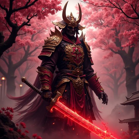 A dark demon warrior wearing a gold and red japanese samurai armor holding a giant red glowing Katana , japanese cherry blossom garten at night, red glowing light, cinematic, end boss scenery, FredFraiStyle