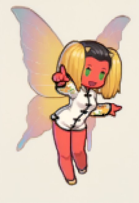 masterpiece, best quality, 1girl, solo, :d, pointing, <lora:HuaPoSMT-illu:1> hua po, split-color hair, black hair, blonde hair, twintails, hair pulled back, red skin, green eyes, white romper, chinese clothes, long sleeves, floral print sleeves, fairy wings, multicolored wings, flats, yellow footwear, <lora:Feh-Sprites-illus_Fp:1> simple background, chibi, full body