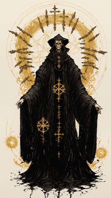 <lora:DarkInkAI:1> DarkInkAI, a gothic wizard, floating cross legged, circle of arms, radiating power, gold ink, inksketch