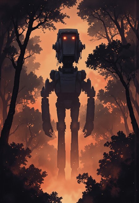 In the heart of a vast, ancient forest, seen from a bird's-eye view, the massive AT-ST scout walker looms, its towering form breaking through the treetops like a shadow of the past. The forest below is a sprawling sea of faded, monochrome red-orange hues, where the tops of the trees crack and splinter under the weight of its massive steps. The walker’s massive legs thud heavily through the dense canopy, each movement sending shockwaves through the ancient woodland.
Its body, translucent against the backdrop of a starlit sky, is barely visible as it looms like a spectral giant. The fading red and orange tones of its rusted armor blend with the muted hues of the forest, yet it stands out as an almost ethereal presence in the vast landscape, towering far above the broken trees. The red glow of its eyes casts a faint, eerie light as it moves, a lone figure against the expanse of nature.
From above, the forest stretches endlessly, a dark and haunting labyrinth of twisted, ancient trees, their tops shattered under the walker’s immense weight. The vastness of the landscape is punctuated by the walker’s towering silhouette, which rises high above the forest, dwarfing the trees in its path. The monochrome color palette of red and orange gives the entire scene a surreal, almost dreamlike quality, as though the walker is an impossible figure, stepping through a forgotten world frozen in time. dfmstyle, lndscpx, Studio Ghibli Dark Fairytale