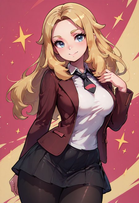 masterpiece, best quality, solo, curvy, beautiful eyes,   zzLss, blue eyes, blonde hair, long hair,  shirt, necktie, jacket, school uniform, white shirt, long sleeves, black necktie, collared shirt, blazer, black skirt, black pantyhose,  ,<lora:LassPokemon_IXL:1.0>, , smile, looking at viewer, cowboy shot, dynamic pose, abstract background,  <lora:VividIXL_v2:0.7>,