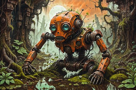 a vivid scifi illustration of fantastical surreal broken rusted and overgrown war robot drowned in a swamp, destroyed weapons, machinery, moss, leaves, trees, jungle, dark-orange sky,
 <lora:Dystopia:0.25> <lora:The_Crazy_Style:0.3> 
 <lora:linquivera:0.7> linquivera
 <lora:illusionix:1>  illusion